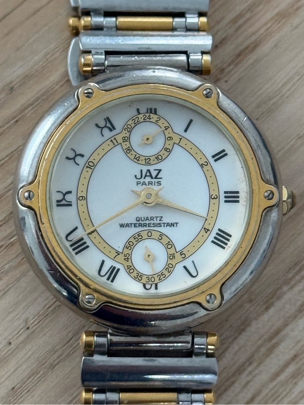 JAZ Paris Rare Vintage Luxury Watch White Dial Sub-Dials Two-Tone Bracelet Case